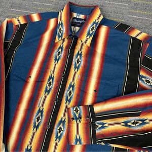 Vintage Wrangler Aztec Western Black Pearl Snap Shirt Size XL Cowboy Brushhopper